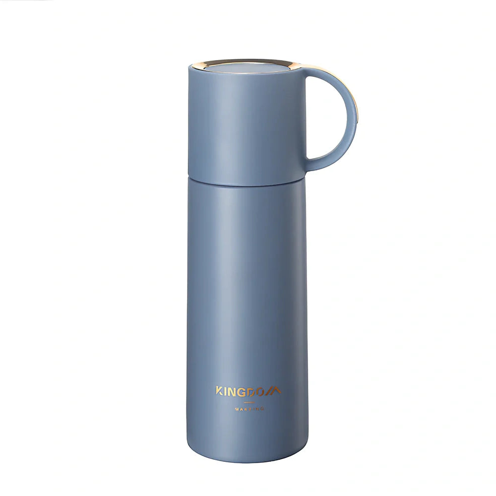 350ml stainless steel insulated vacuum flask in blue, with leakproof lid and round mouth for coffee or water