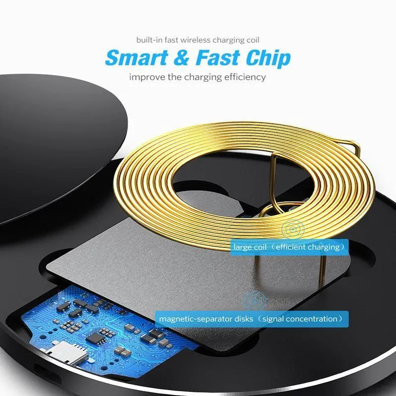 Black ultra-thin square wireless fast charging pad for phones on a desk