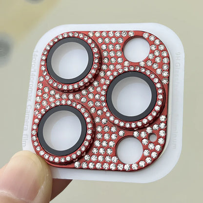 Diamond-embedded iPhone lens protector with 9H hardness showing black colour option on iPhone 15 Pro