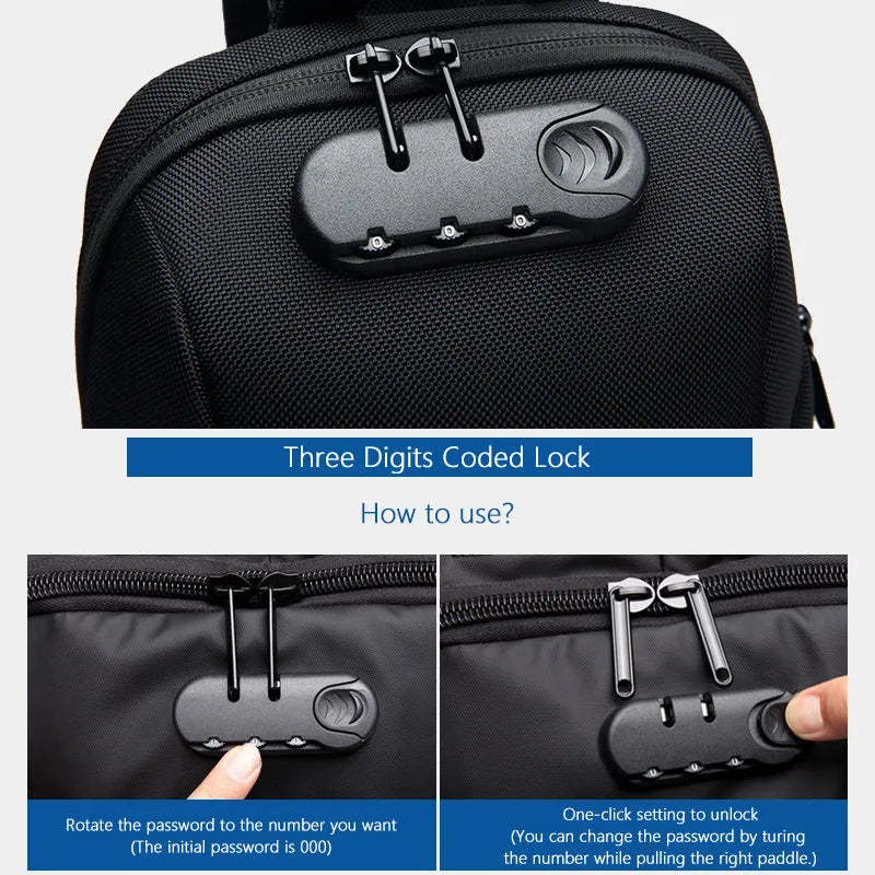 Anti-theft USB chest bag in Oxford cloth with zip closure, square vertical section, and polyester lining, shown in dark blue.