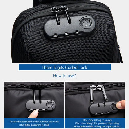 Anti-theft USB chest bag in Oxford cloth with zip closure, square vertical section, and polyester lining, shown in dark blue.