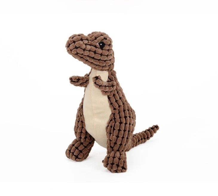 Durable dinosaur-shaped dog toys made of corn velvet and plush filling, available in multiple colors and sizes for large and small pets