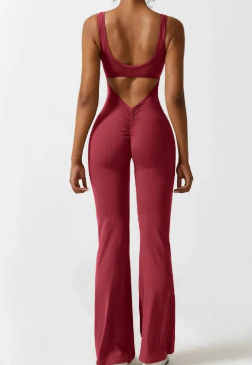 Women's tight Milk Silk yoga bodysuit in seamless hollow design with chest pad, shown in a trousers-length mid-waist fit.