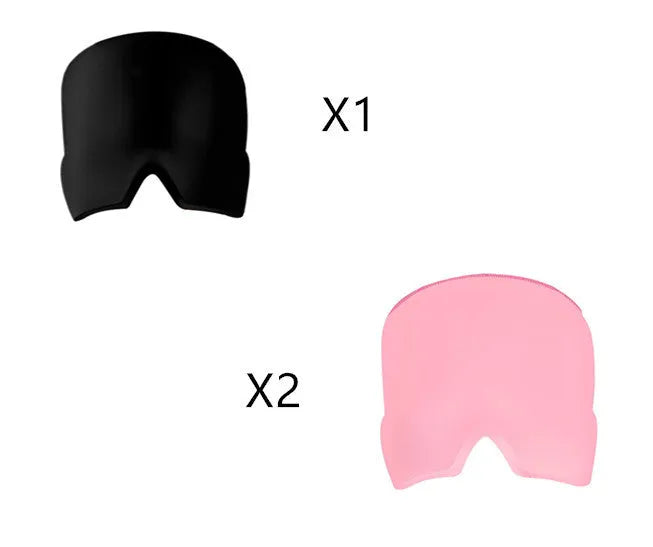 Black elastic cloth gel cold compress eye mask for headache relief on a grey background.