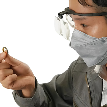 Head-mounted magnifying glass with adjustable nose pads for jewellery and electronic repair work