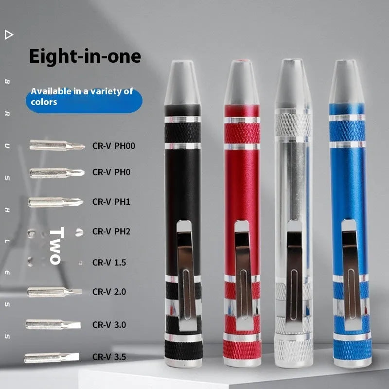 8-in-1 pen-type screwdriver set with aluminium handle and multiple coloured options on a white background.