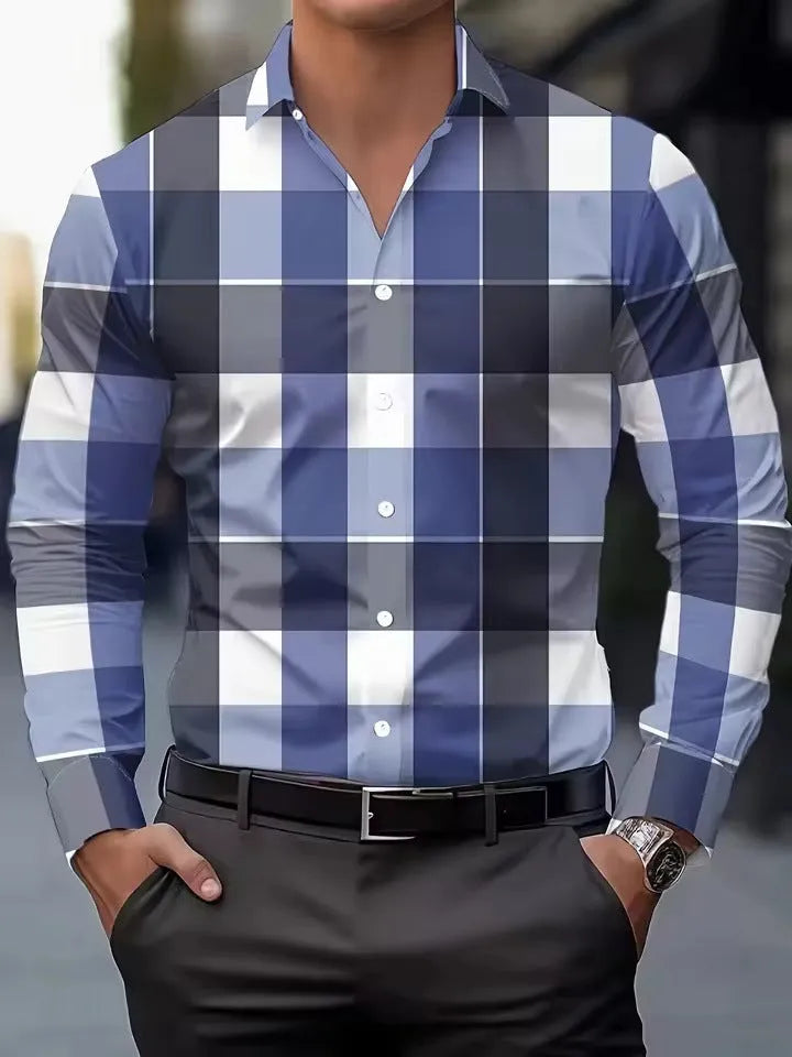 Man's striped long sleeve shirt with button lapel in polyester fabric