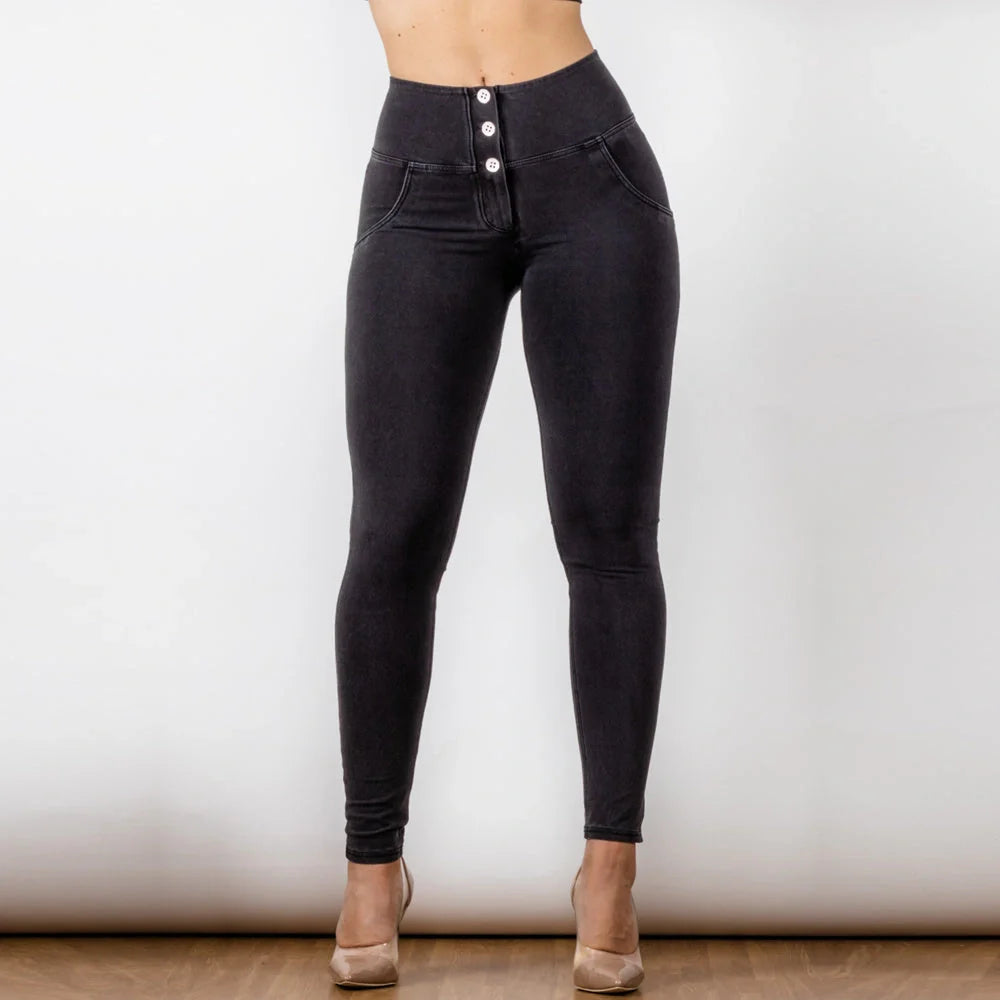 Black women's high waist button-up jeans with super elastic fabric