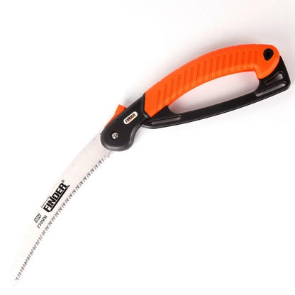 A folded and an open view of a 230mm garden folding saw with a black TPR grip and a steel blade.