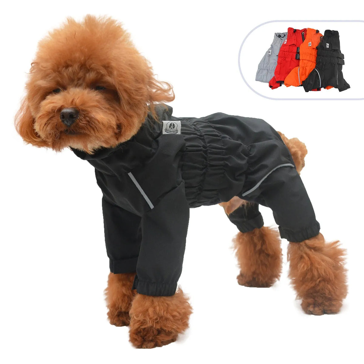 Four legged dog raincoat in polyester, available in black, orange and red, sizes XS to 5XL and B/D sizes