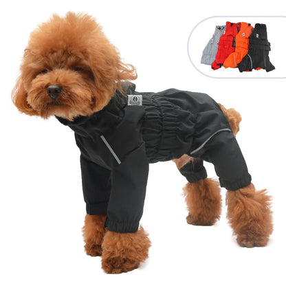 Four legged dog raincoat in polyester, available in black, orange and red, sizes XS to 5XL and B/D sizes