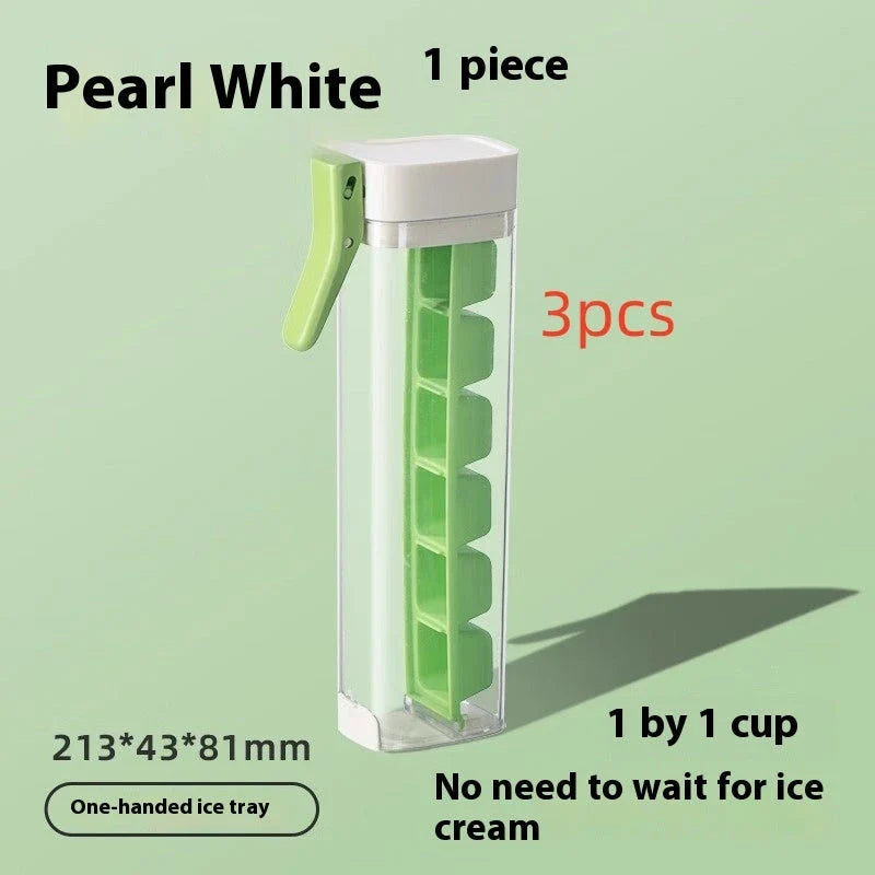 Premium one-touch ice cube tray in Maldives color and pearl white, with features like food-grade materials, easy ice cube release, and convenient storage box