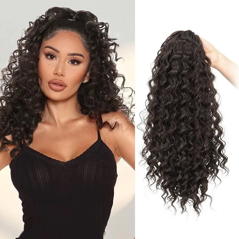 Small curly wave drawstring ponytail wig in gradient brown shades on display