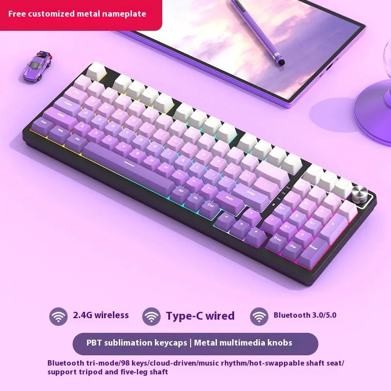 98-key wireless mechanical keyboard kit in black or white with optional LED screen and metal knob