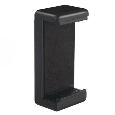 Black plastic single phone holder bracket showing rotating clamp and word folder style options