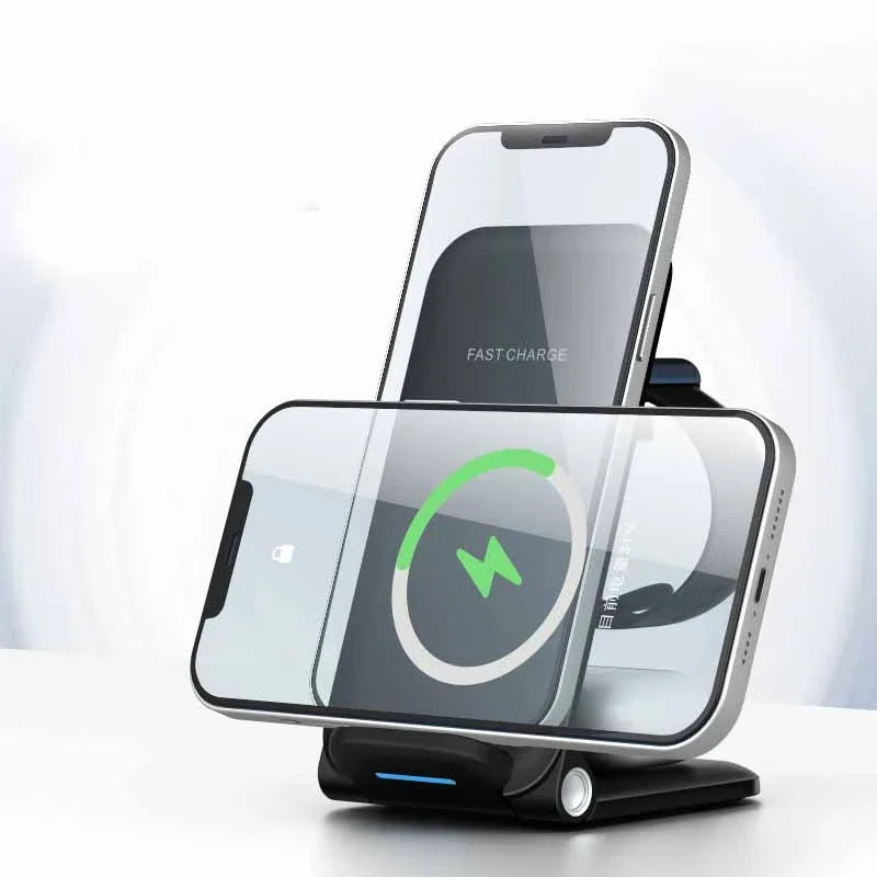 Adjustable three-in-one wireless charging station for smartphones, tablets, and smartwatches with space-saving and safety features