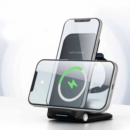 Adjustable three-in-one wireless charging station for smartphones, tablets, and smartwatches with space-saving and safety features