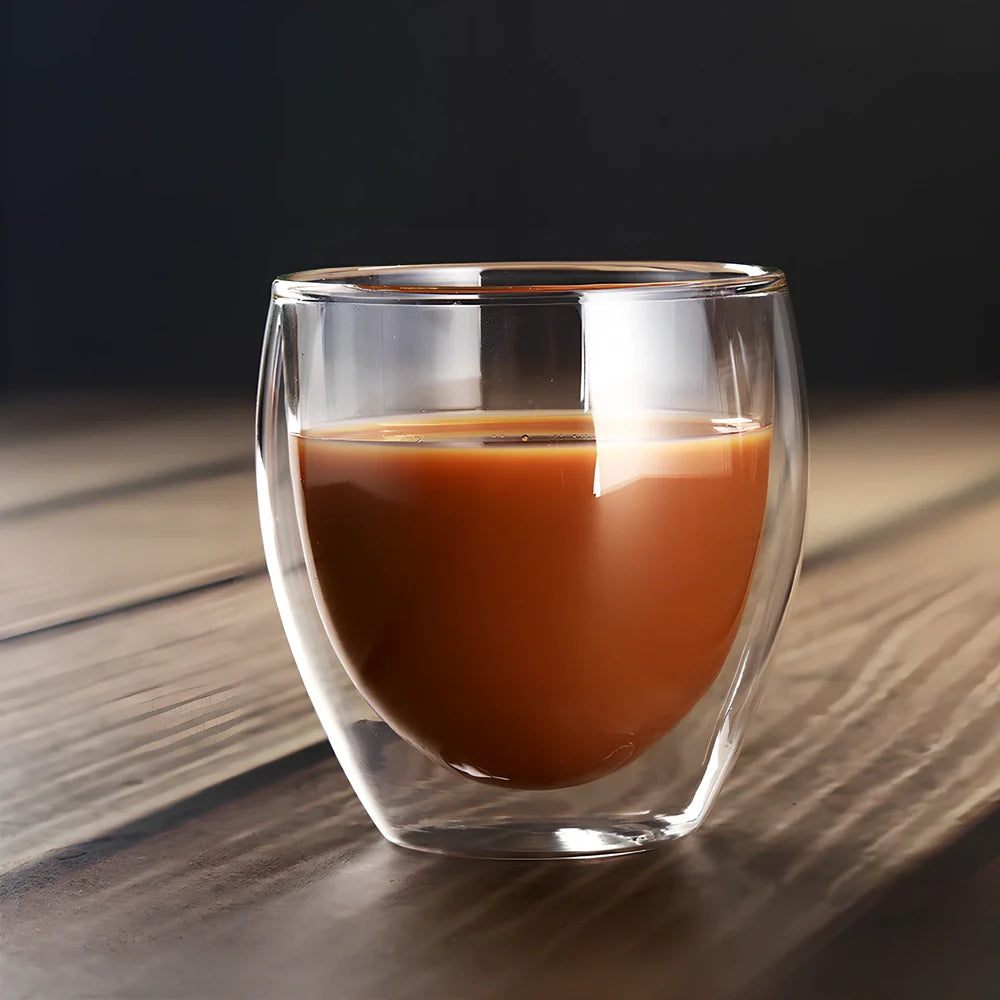 Chinese style double-layer glass coffee cup showing heat-resistant construction and traditional design elements