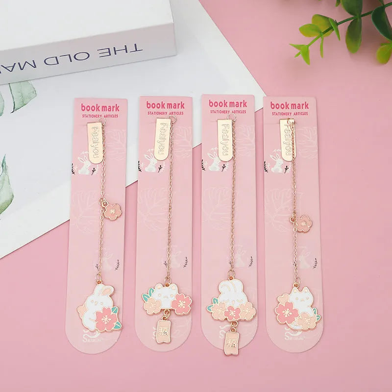 Metal bookmark holder with cartoon cherry blossom cat and rabbit designs
