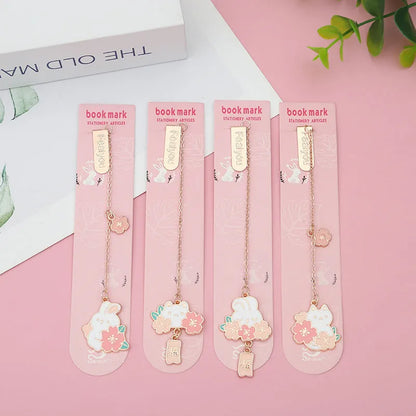 Metal bookmark holder with cartoon cherry blossom cat and rabbit designs