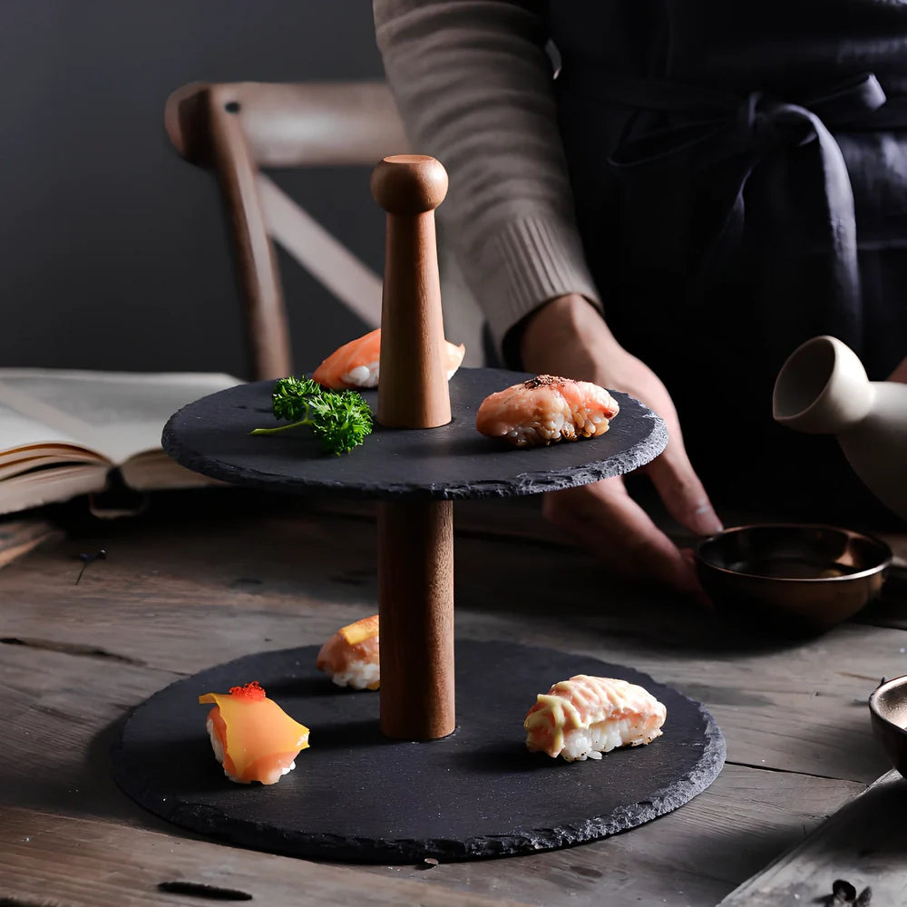 Hand-painted wooden multi-layer cake plate with Japanese-Korean styling for dessert presentation