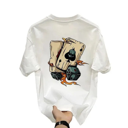 Men's printed heavy cotton T-shirt in black or white with short sleeves