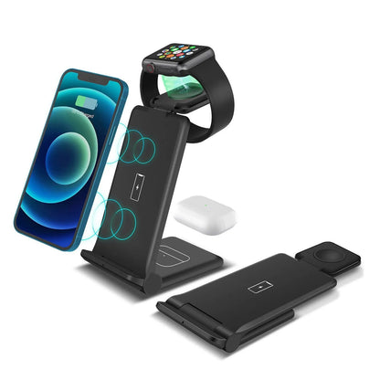 Black and white 3-in-1 foldable wireless charging station for phone, watch, and earbuds.