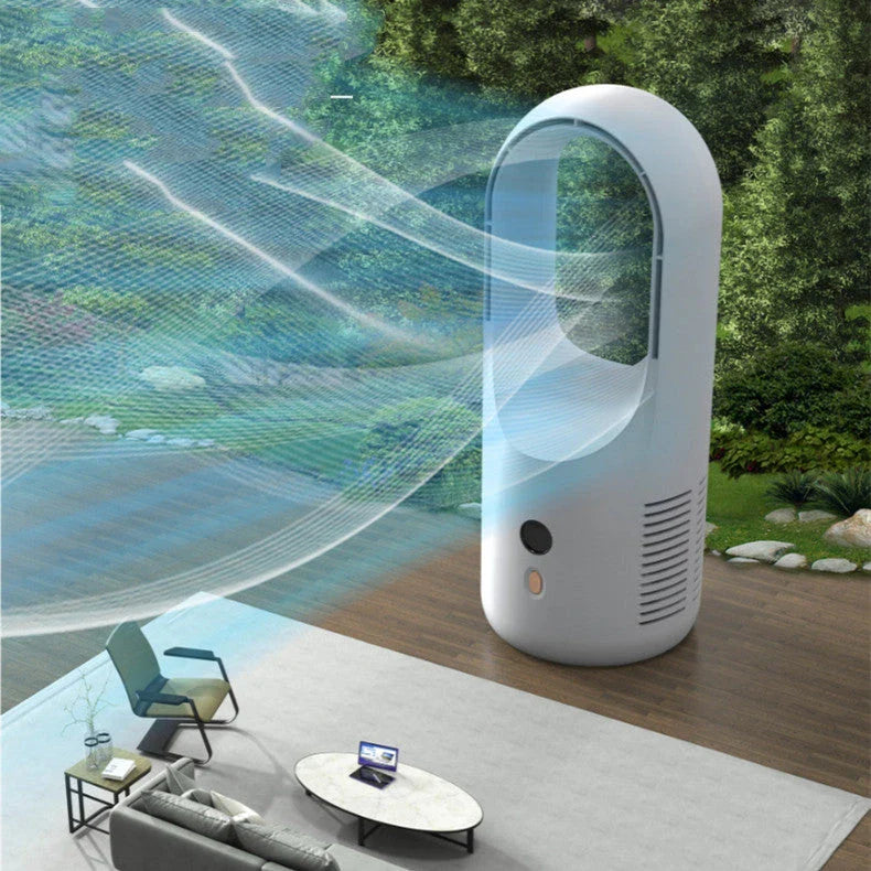 Ultra-quiet bladeless fan with adjustable settings, 360-degree air circulation, and rechargeable battery for desk or home use