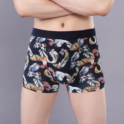 Men's cotton boxer shorts with floral print, showcasing the U-shaped convex design and mid-waist fit.