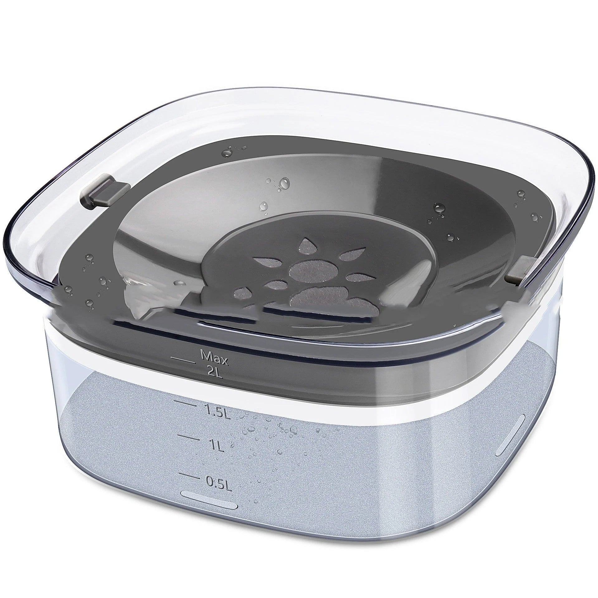 70oz transparent dog water bowl with visible water level and slow drinking feature