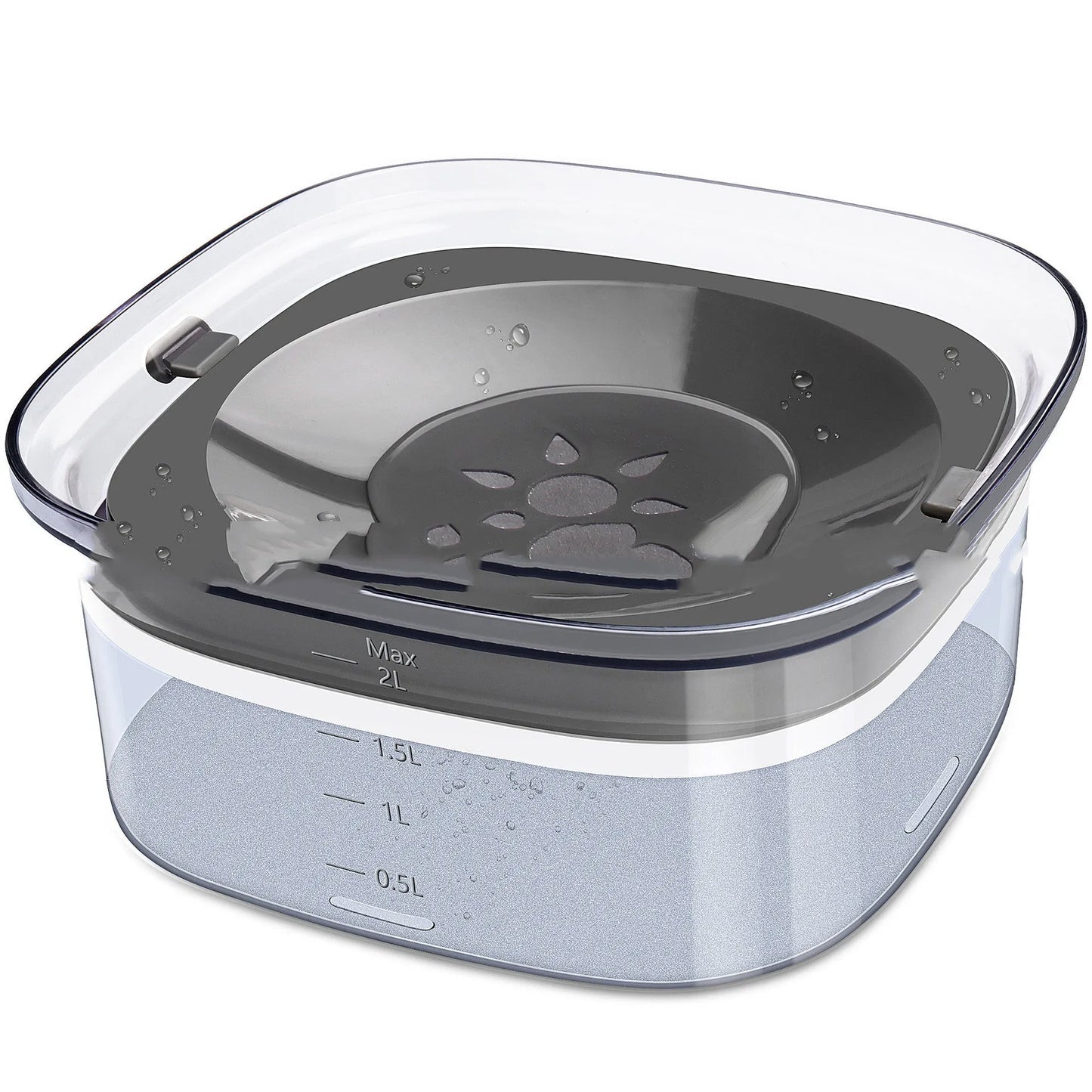 Transparent 70oz dog water bowl with floating disk, showing water level indicator and non-slip base