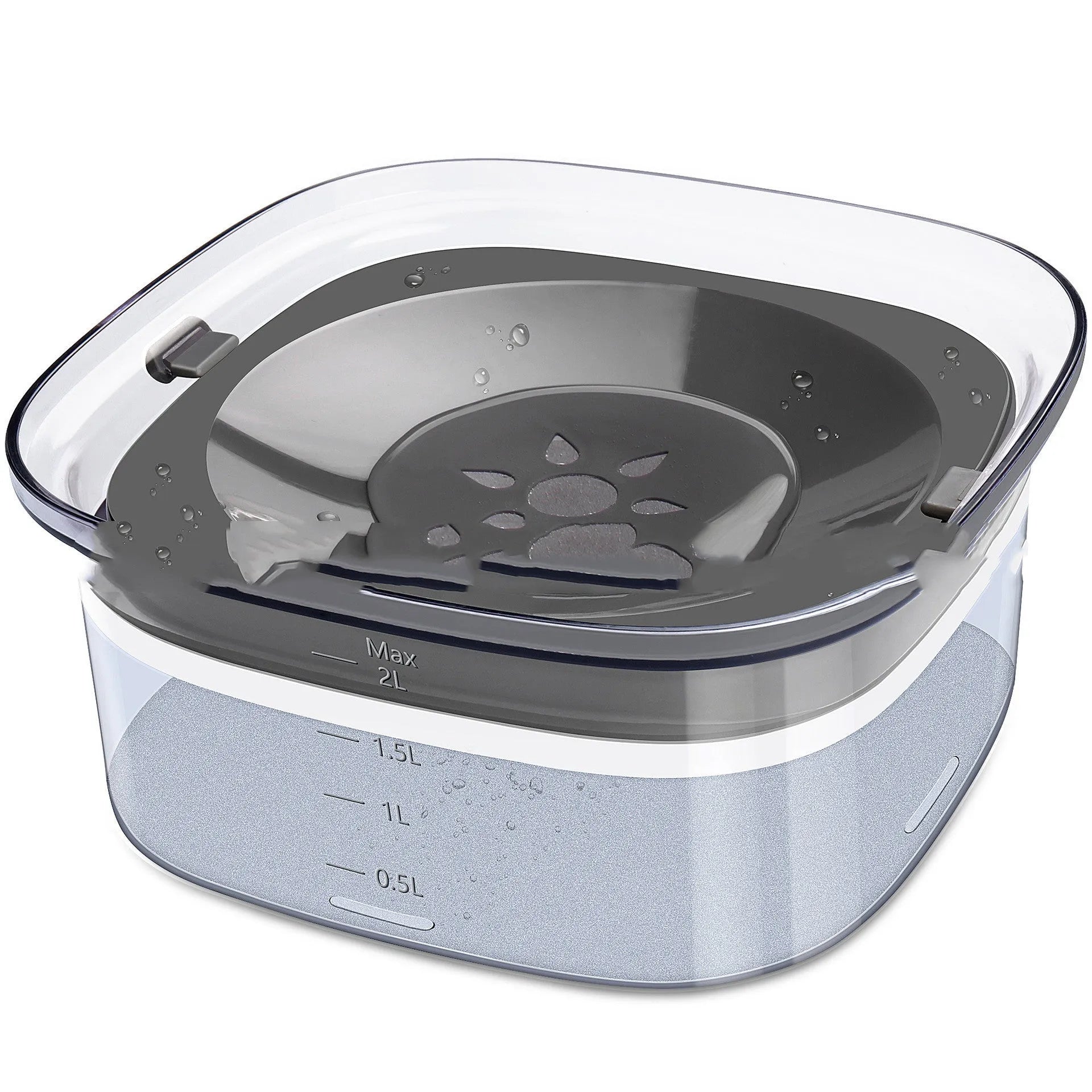 Transparent 70oz dog water bowl with floating disk, showing water level indicator and non-slip base