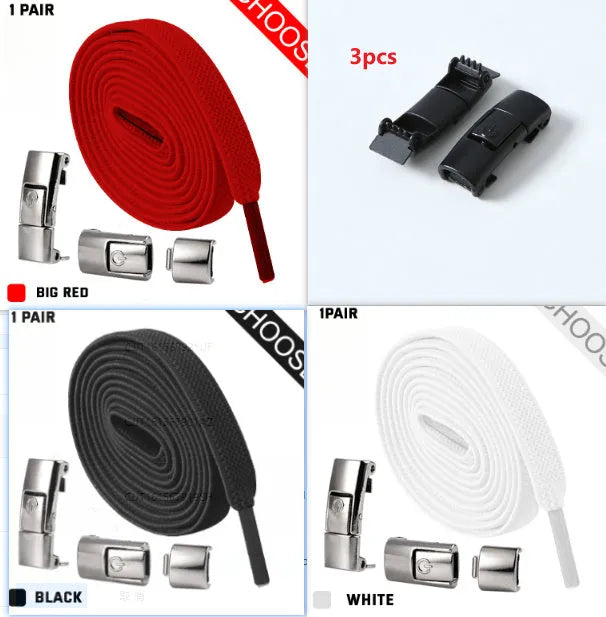 Press lock elastic shoelace with 8mm widened flat profile in assorted colours.