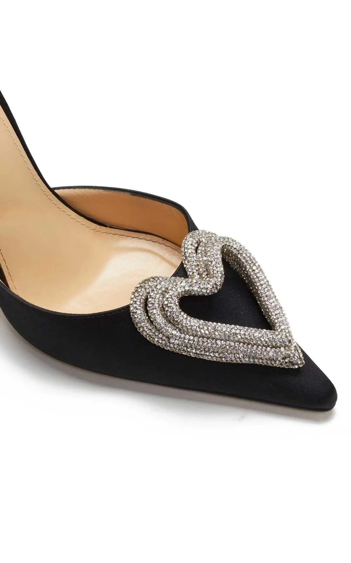 Women's pink satin sandals with heart-shaped rhinestone toe holders and adjustable cross straps on a white background.