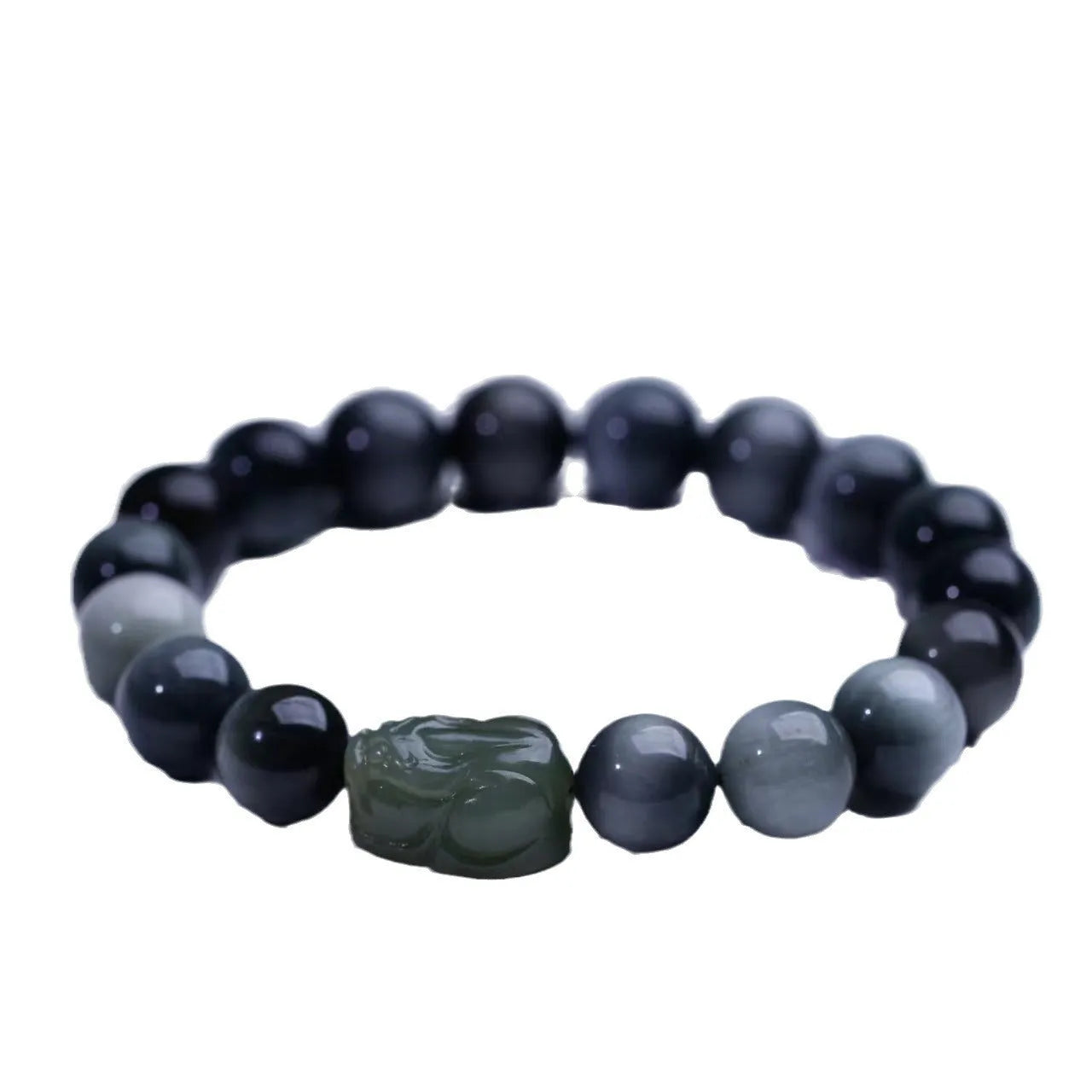 Black Hetian jade and Eagle Eye Stone Pixiu bracelet with 10mm beads