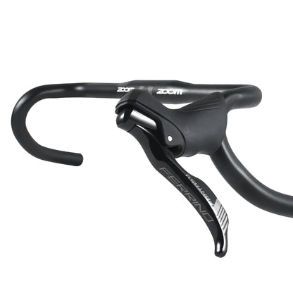 Black aluminium alloy road bike bent handlebar showing 420mm width and 31.8mm clamp area