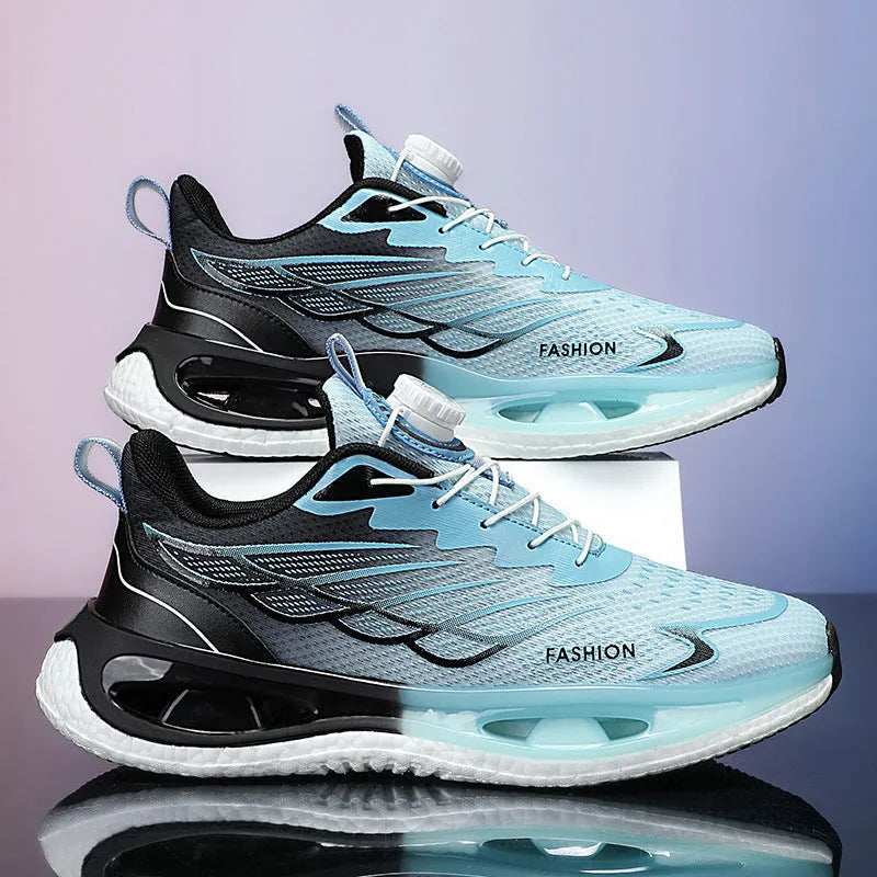 Men's low-top shock absorption sneakers with rotating button in light blue mesh variant