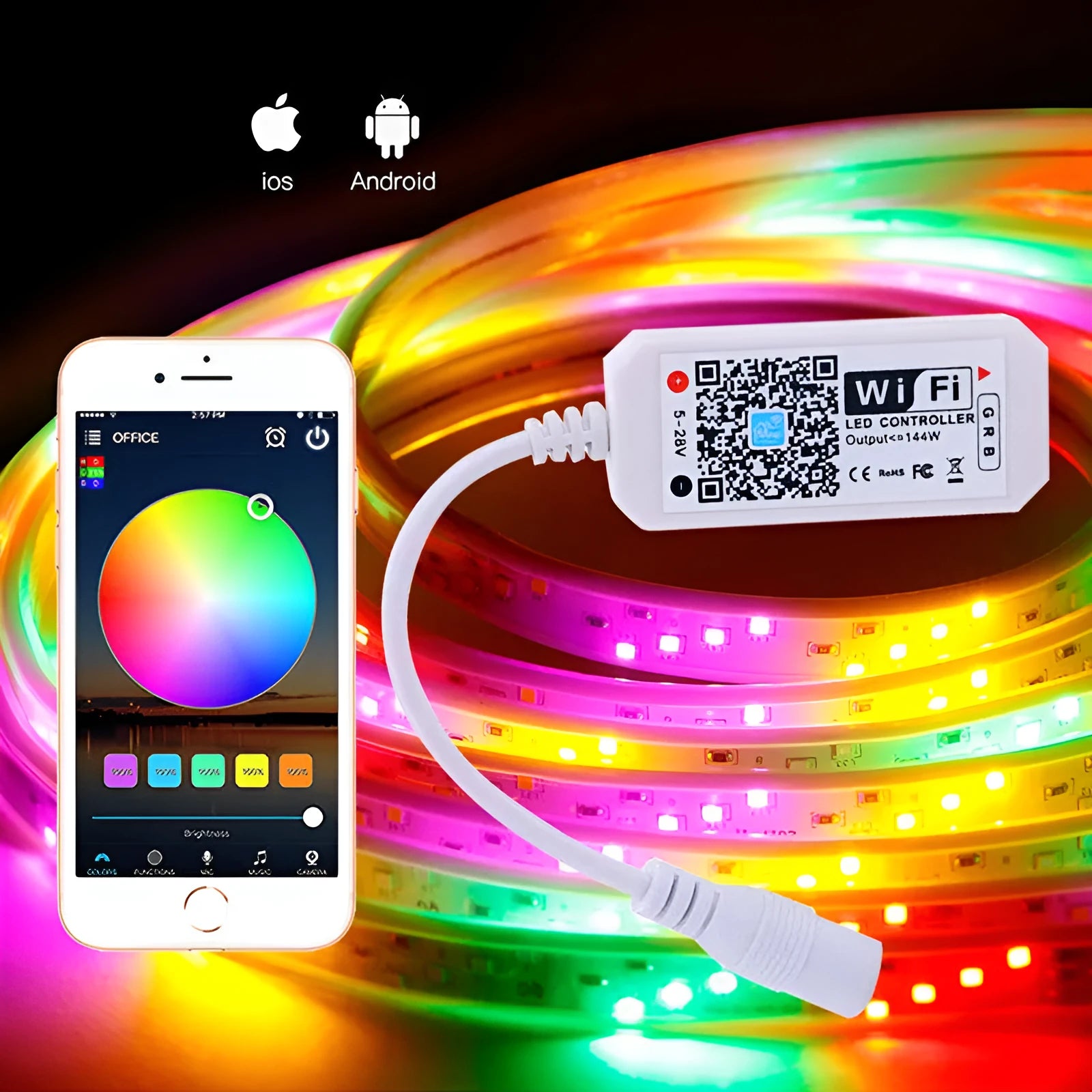 White WiFi LED controller for RGB light strips with 3 channels and smartphone app control