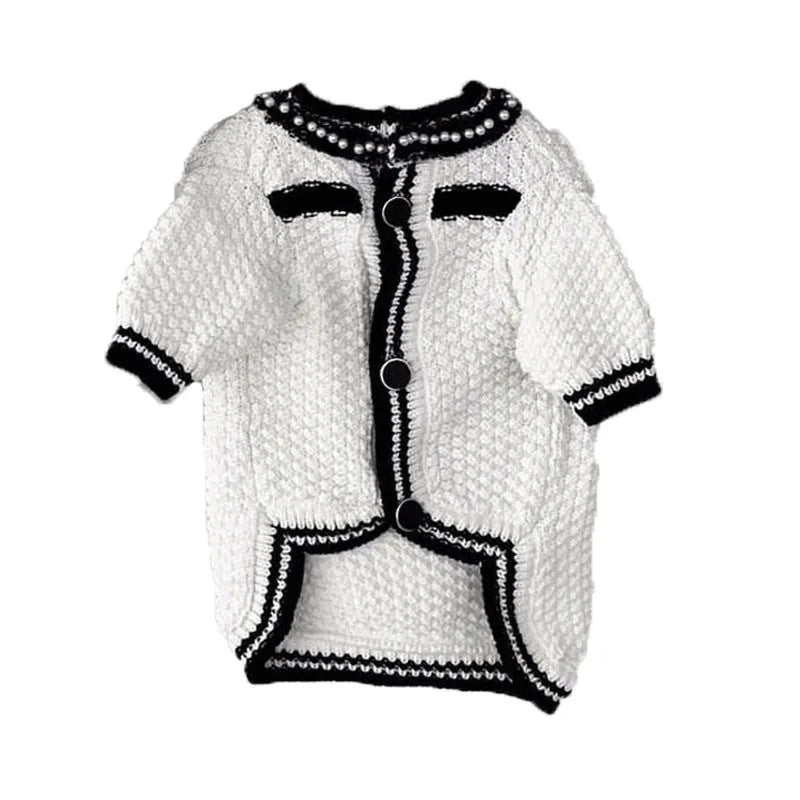 White Korean style dog sweater with pearl collar on small dog, princess cut polyester pet clothing