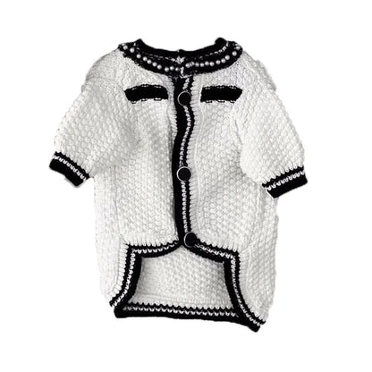 White Korean style dog sweater with pearl collar on small dog, princess cut polyester pet clothing