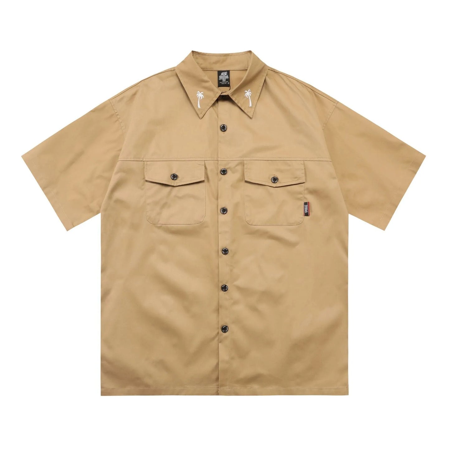 Men's black cotton blend loose fit half sleeve pocket shirt with embroidery