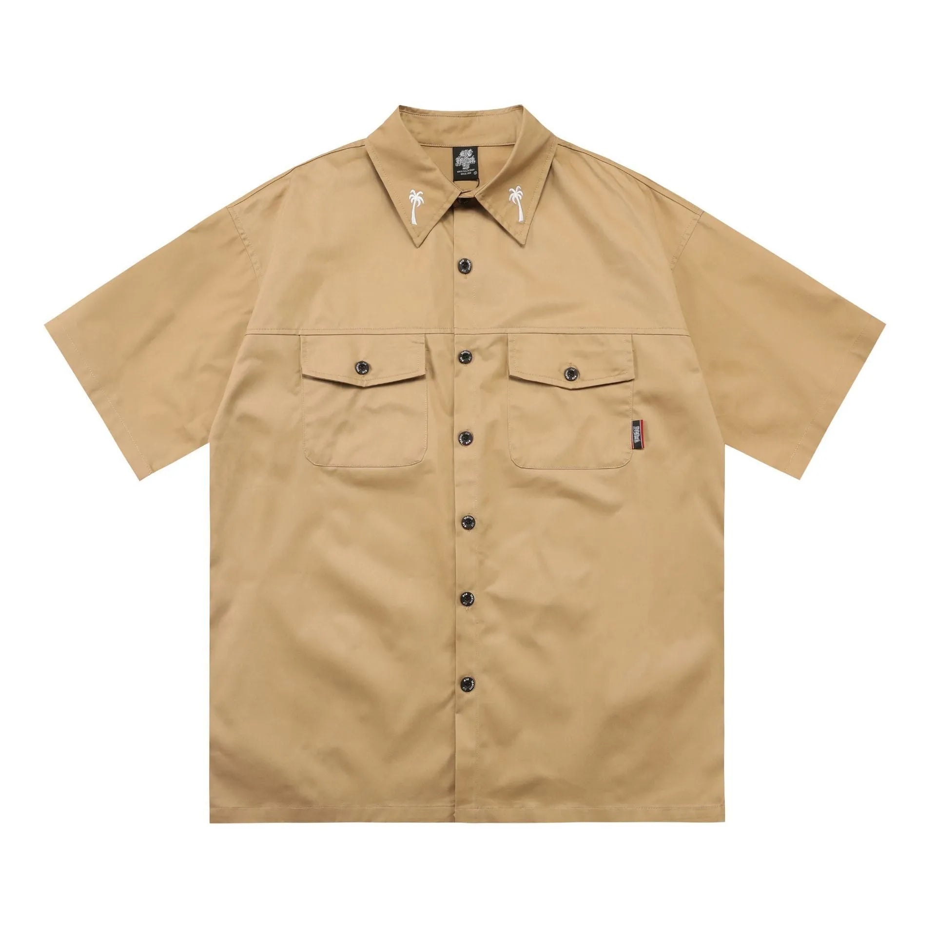 Men's black cotton blend loose fit half sleeve pocket shirt with embroidery