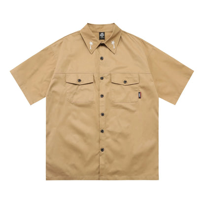 Men's black cotton blend loose fit half sleeve pocket shirt with embroidery