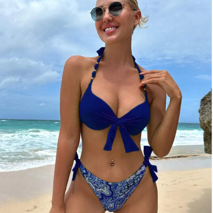 Ladies polyester bikini swimsuit set available in multiple colours including blue, red, and fluorescent green