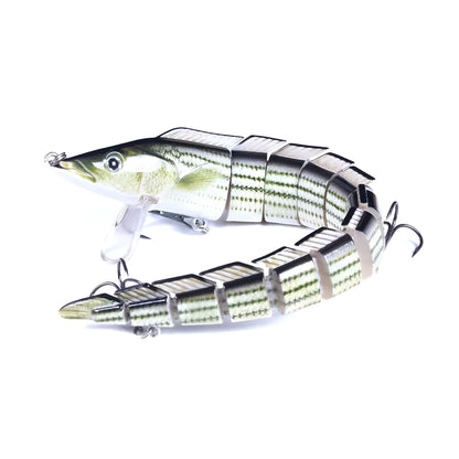 23 cm long multi-section soft plastic loach fishing lure in various colours on a white background.