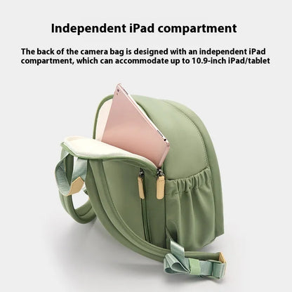 CW Medium Black women's shoulder camera bag with detachable iPad compartment and a curve belt strap.
