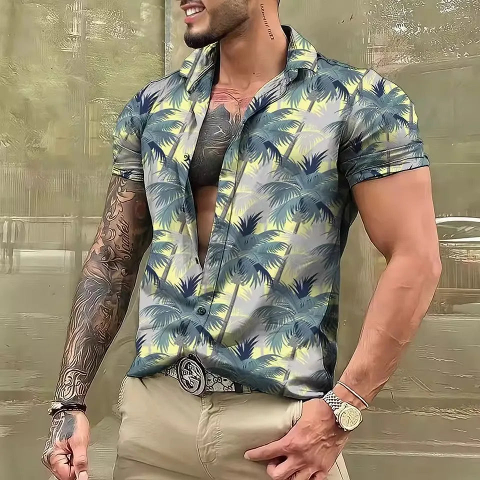 Men's loose fit short sleeve shirt with a colourful floral pattern, cardigan style.