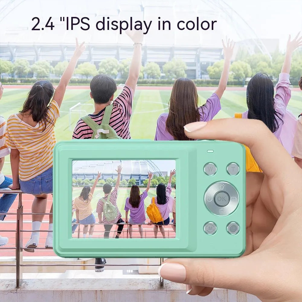Colourful children's mini digital camera with large screen, showing black, pink and green options with lanyard.