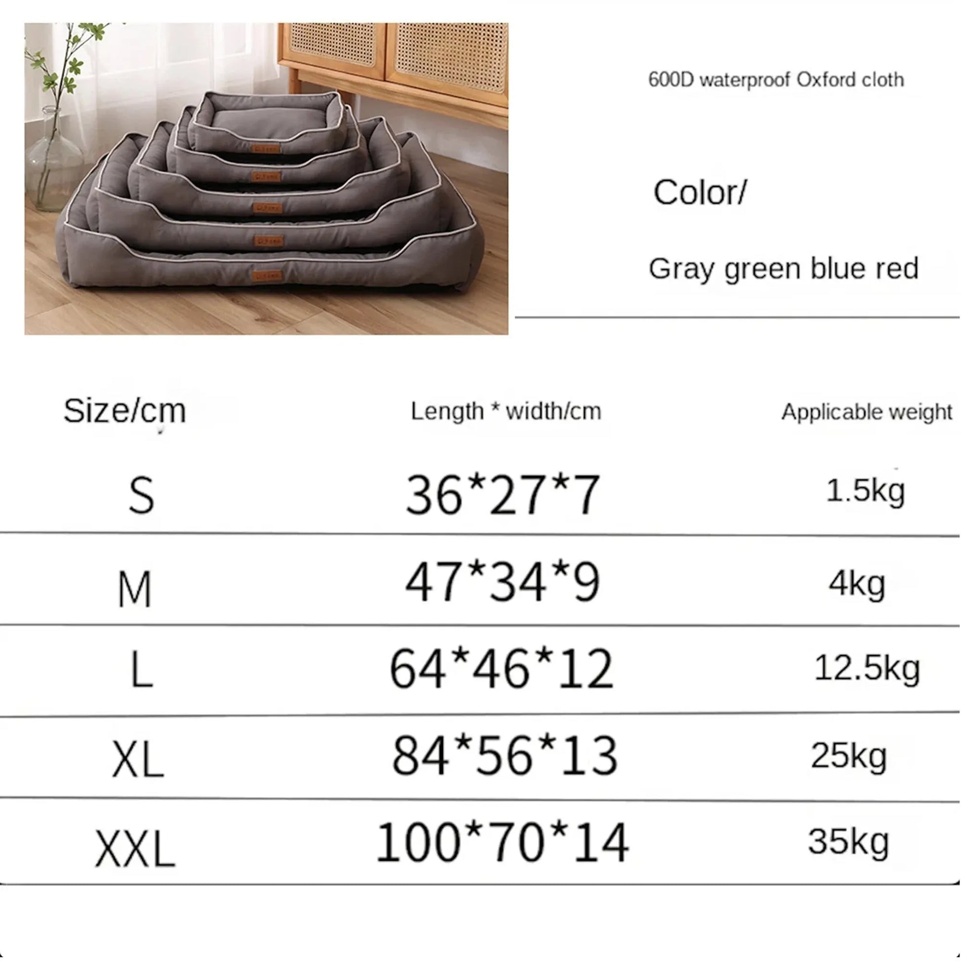 Waterproof dog sofa bed in grey Oxford cloth showing raised sides and rectangular shape