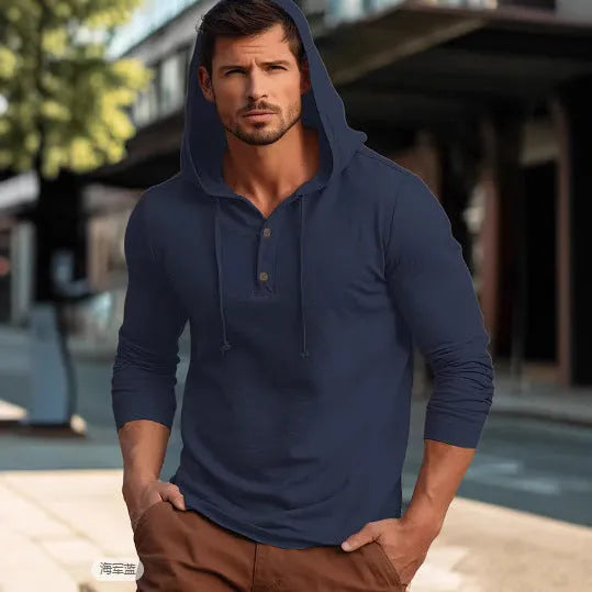Men's casual cotton sports hoodie in pullover style with long sleeves, showing colour options